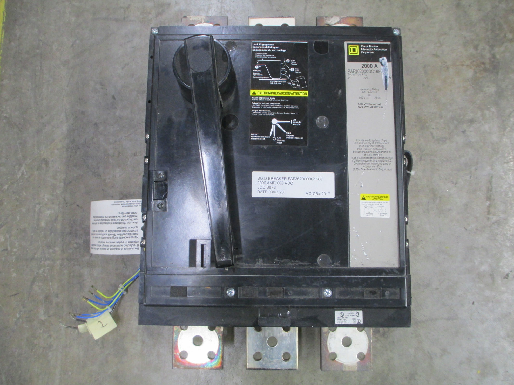 Picture of Square D PAF362000DC1680 Circuit Breaker 2000 Amp 600 Volt DC M/O F/M