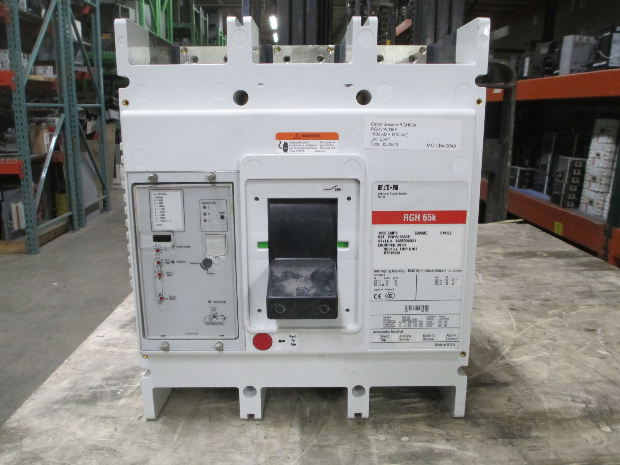 Eaton RGH65K Circuit Breaker RGH316038E 1600 Amp 600 Volt AC Eaton RGH65K Circuit Breaker RGH316038E 1600 Amp 600 Volt AC