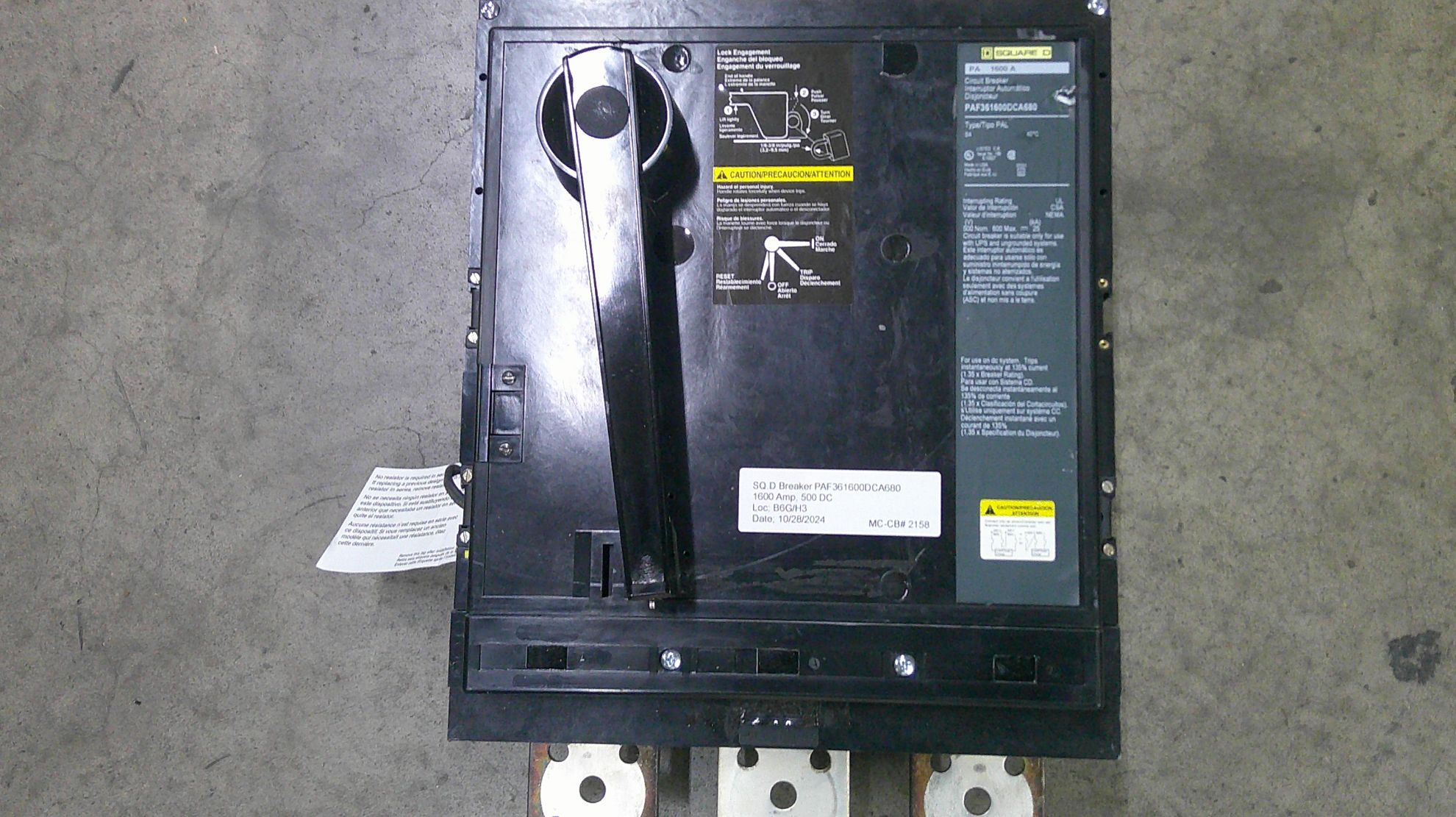 Picture of Square D PAL Circuit Breaker PAF361600DCA680 1600 Amp 500 Volt DC M/O F/M
