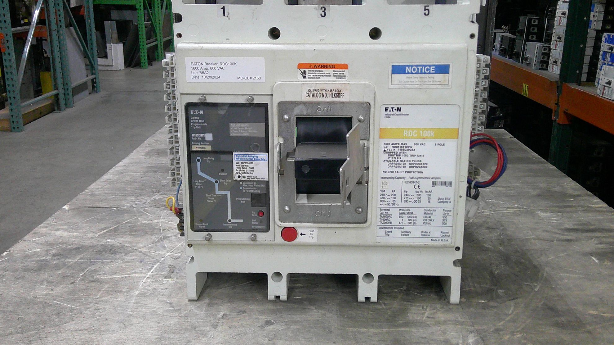 Picture of Eaton RDC100K Circuit Breaker RDC316T107W 1600 Amp 600 Volt AC M/O F/M 